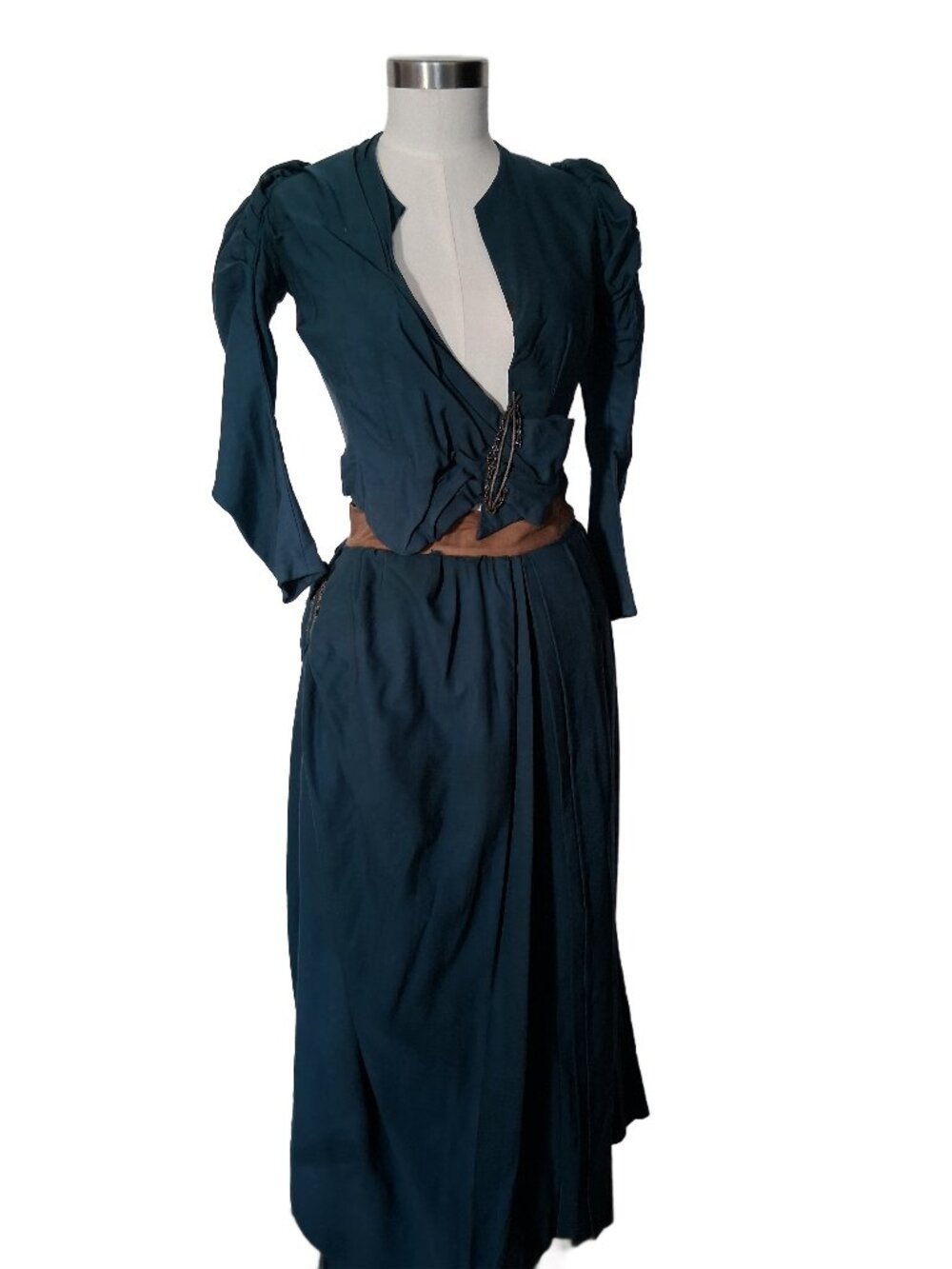 Authentic Antique Victorian 2Pc Teal Walking Suit Fitted Jacket & Long Skirt XS